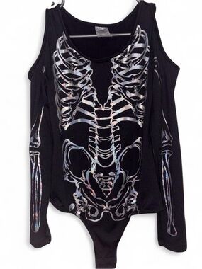 Spirit Halloween Black Holographic Skeleton Cold-Shoulder Bodysuit 🖤